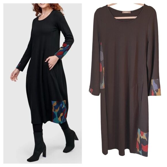 Alembika Riley Crew Cocoon Dress Ocean Abstract Patch Boho Artsy Lagenlook Small